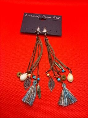 Bohemian style Blue and Brass toned  Tassel Drop Earrings